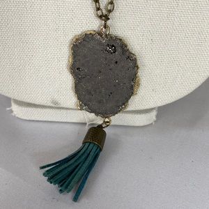 Long natural gray sparkly druzy necklace with aqua tassel